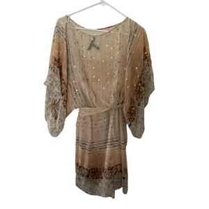 BCBGMAXAZRIA Boho Embroidered Sheer Dress Cream Gold Tunic Mini Size S Belted